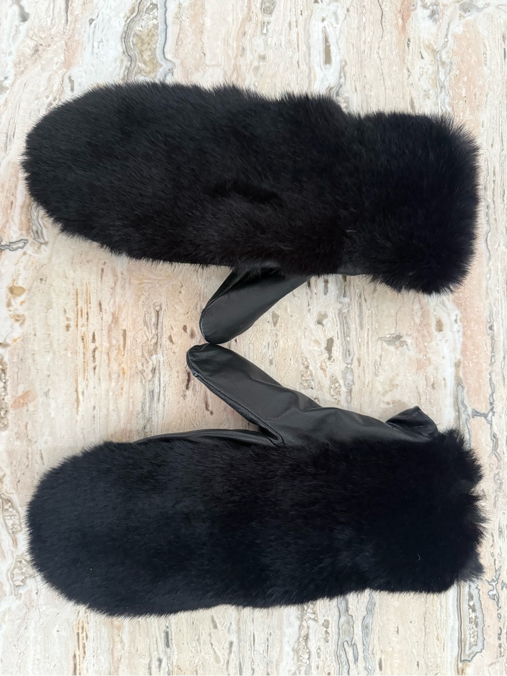 Saks Fifth Avenue Black Faux Fur Leather-Trim Mittens